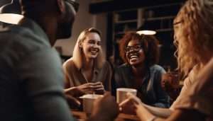 diverse group of young adults laughing in discussion and having coffee