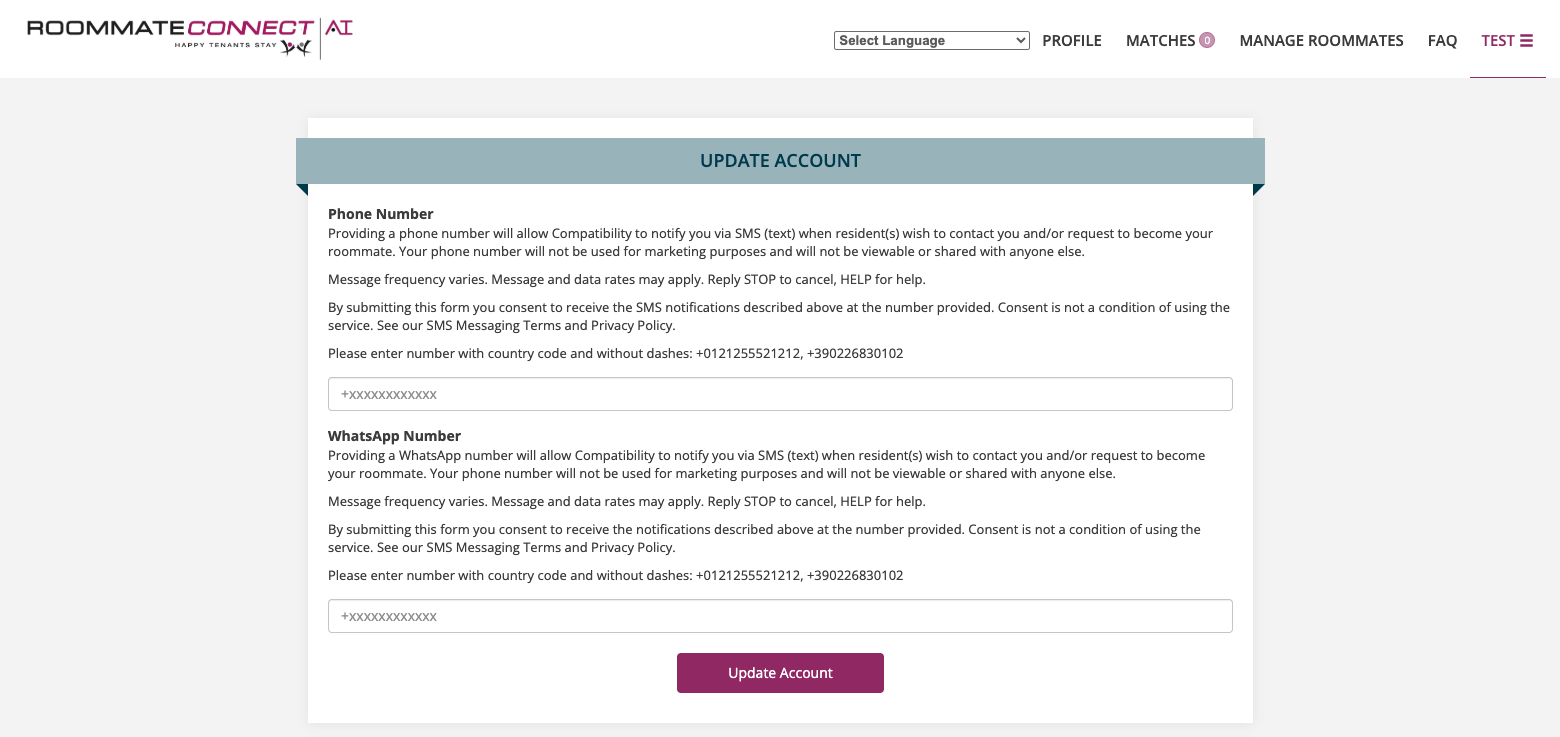 RoommateConnect.AI account settings showing the phone number field and SMS consent disclosures